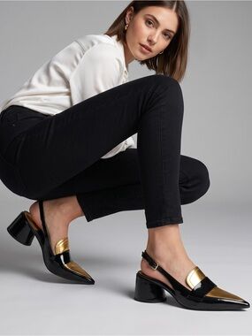 Jeffrey Campbell Ferway Black & Gold Patent Pointed Toe Slingback Mules NWOB 8